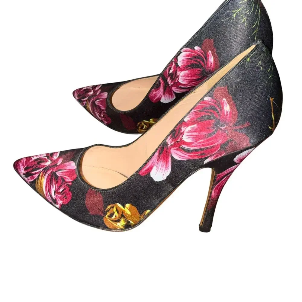 Palter DeLiso Pumps 36 Black Floral Rose Pointed Toe Stiletto Heels Made Italy